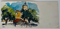 Viens Provence Village Square with Clock Tower and Figures Watercolour