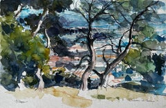 Chateau de Cadenet Paesaggio provenzale con alberi e colline Acquerello francese