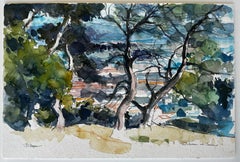 Chateau de Cadenet Paesaggio provenzale con alberi e colline Acquerello francese