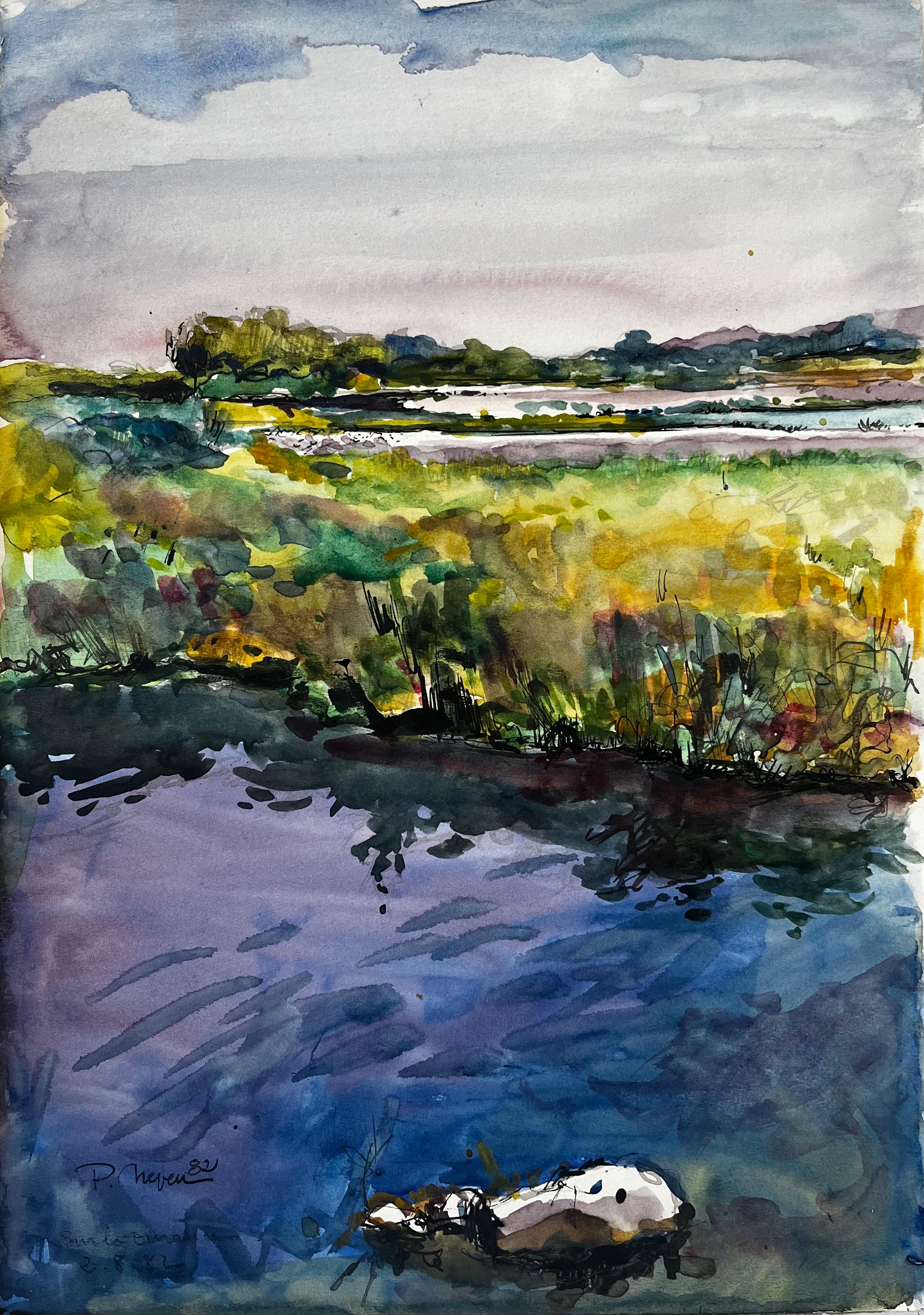Pierre Neveu Landscape Art - Saintes Maries de la Mer Camargue Wetlands Landscape French Watercolour