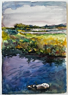 Saintes Maries de la Mer Camargue Paysage de zones humides Aquarelle française