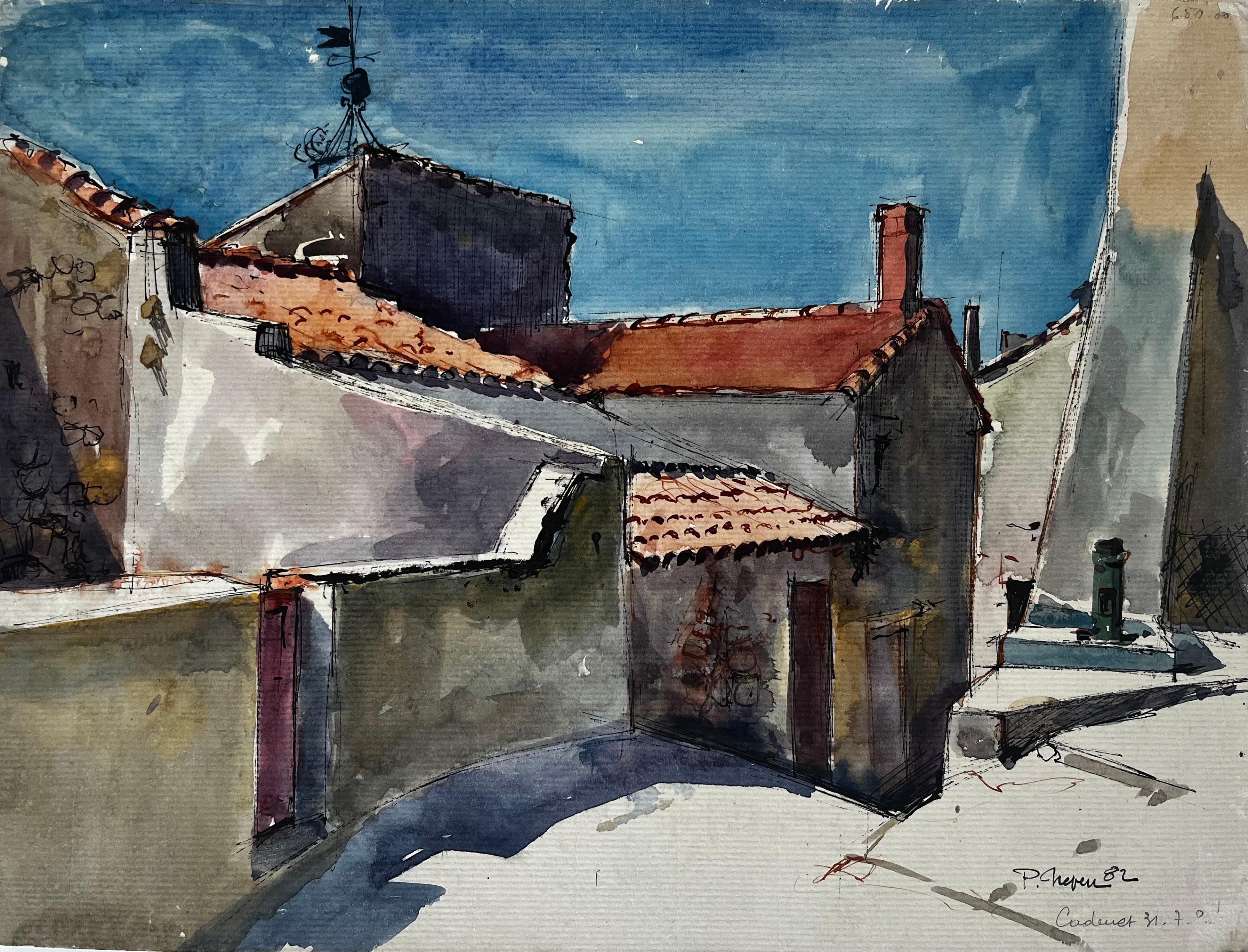 Pierre Neveu Landscape Art - Cadenet Provence Village Rooftops Street Scene French Watercolour