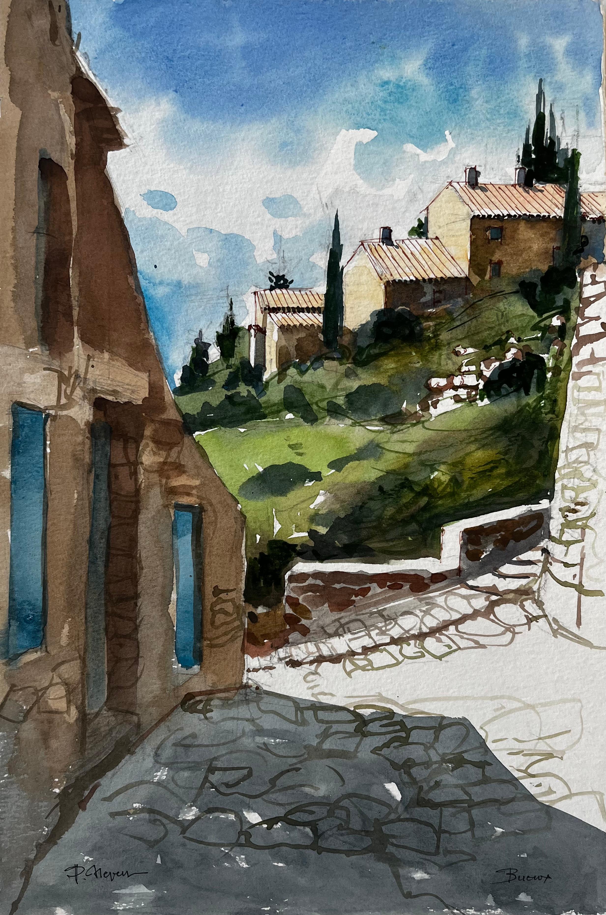 Pierre Neveu Landscape Art - Buoux Provence Hillside Village Street Scene French Watercolour