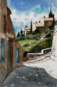 Buoux Provenza Collina Villaggio Scena di strada Acquerello francese