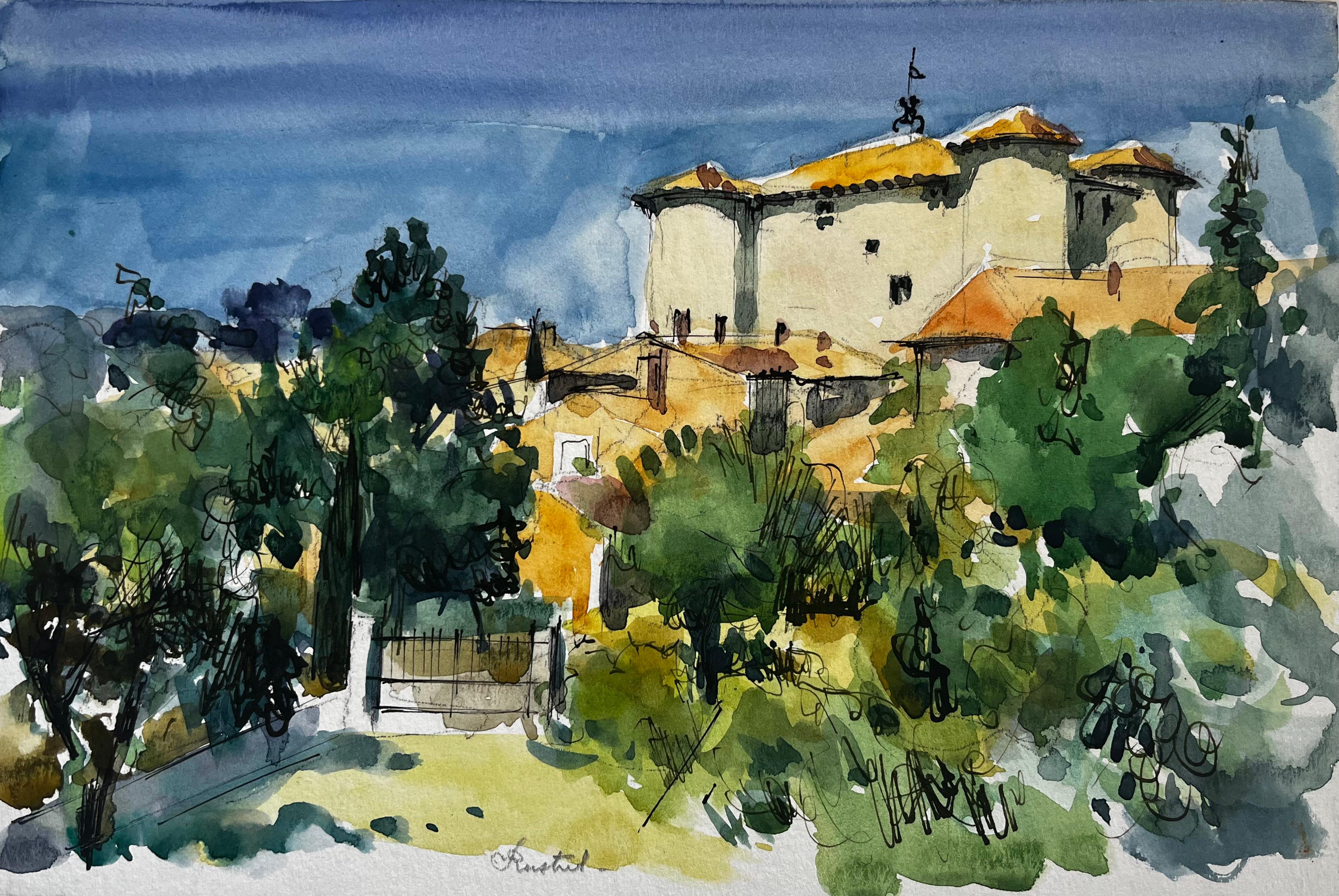 Pierre Neveu Landscape Art - Rustrel Provence Garden Gate and Trees French Watercolour