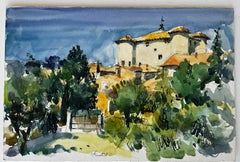 Rustrel Provence Garden Gate and Trees French Watercolour