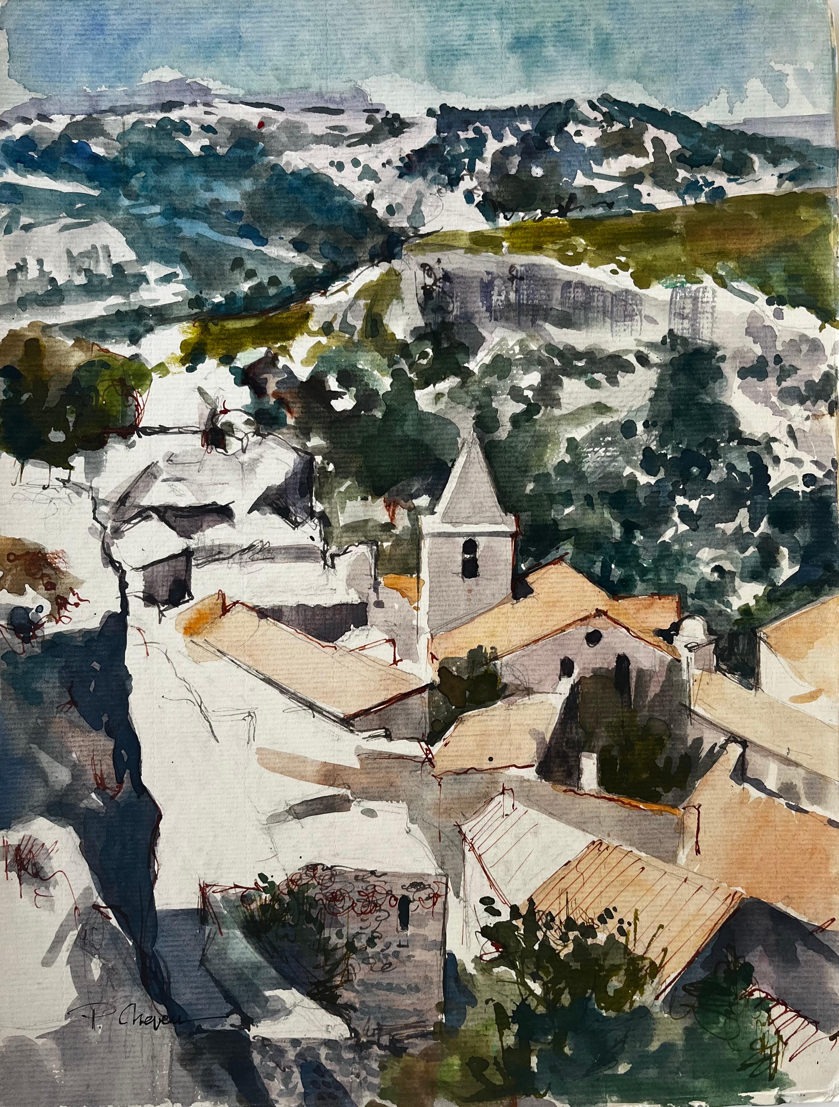 Pierre Neveu Landscape Art - Provence Hilltop Village Church and Rooftops French Watercolour