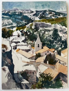 Provence Hilltop Village Church and Rooftops French Watercolour