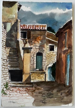 Buoux Pueblo Calle Casas de Piedra Provenza Acuarela
