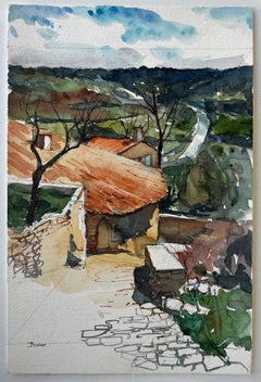 Buoux Hillside Rooftops and Valley View Provence Watercolour