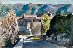 Saint Martin de Castillon Village Houses and Luberon Hills Watercolour