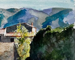 Saint Martin de Castillon Village Houses and Luberon Hills Watercolour