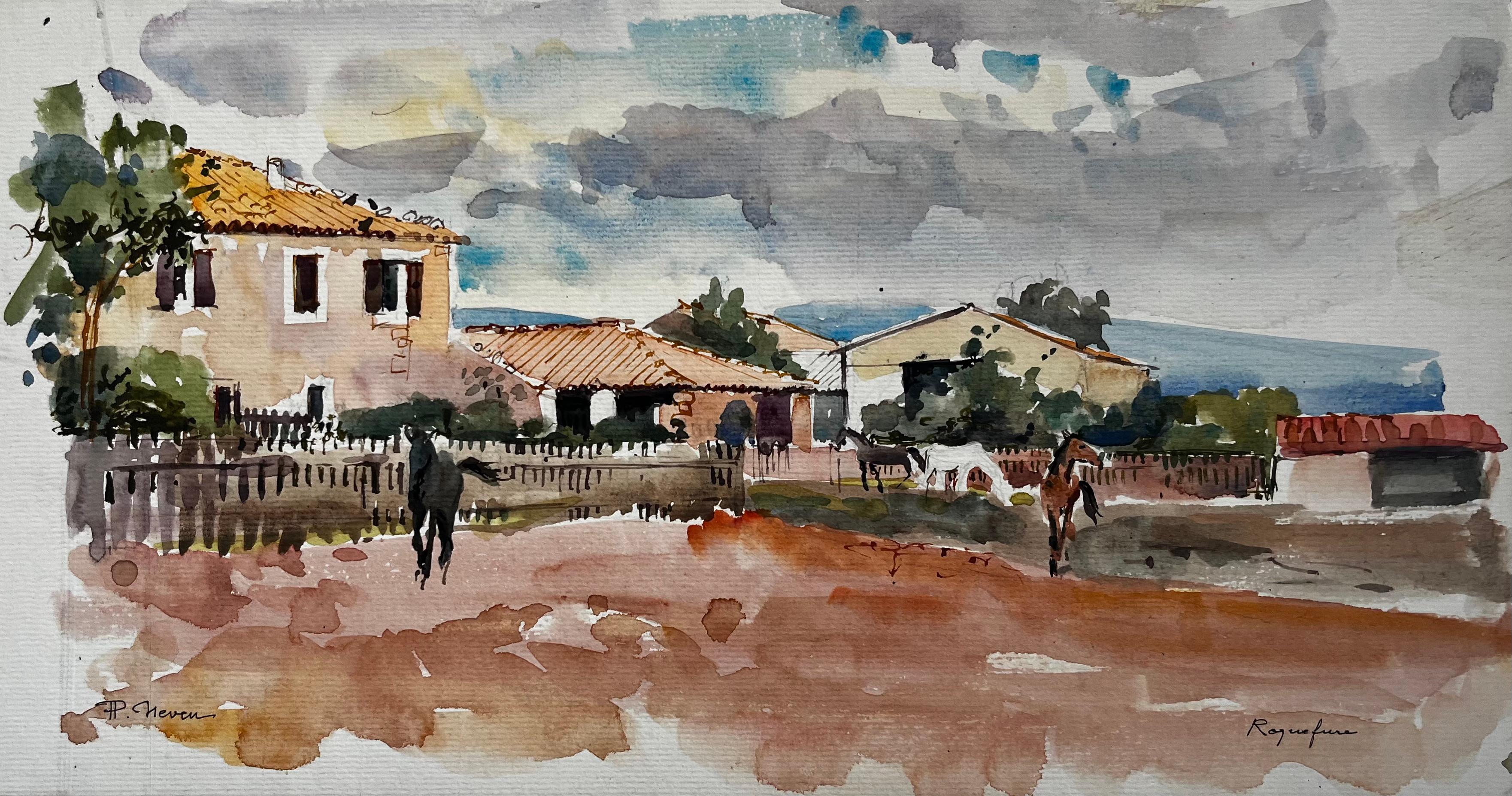 Landscape Art di Pierre Neveu - Roquefure Paddock con quattro cavalli Edifici agricoli e cielo tempestoso Acquerello