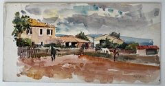 Roquefure Paddock With Four Horses Farm Buildings and Stormy Sky Watercolor