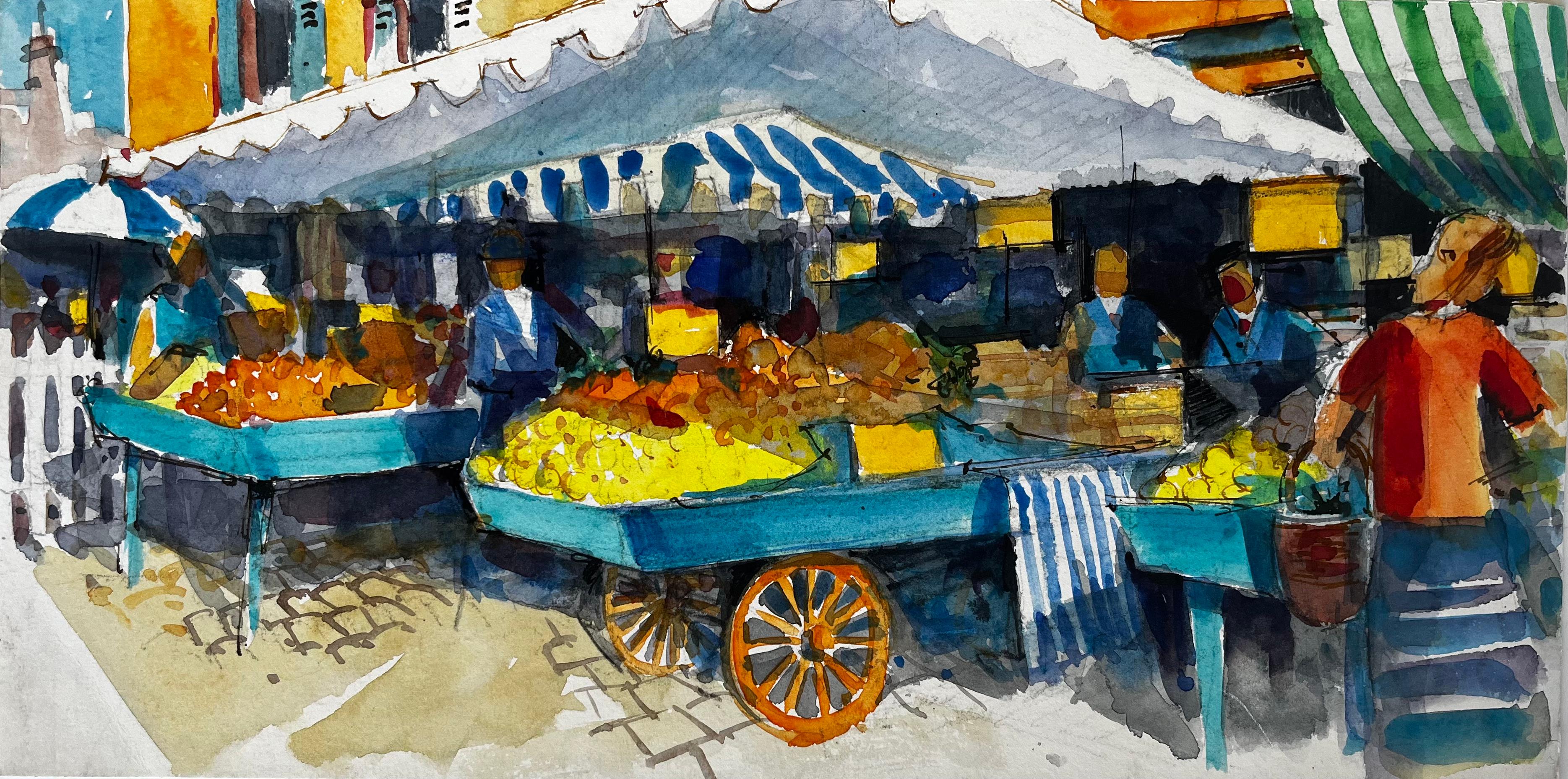 Landscape Art di Pierre Neveu - Scena di mercato francese con carretti di frutta e figure Acquerello modernista