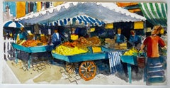 French Market Scene with Fruit Carts and Figures Modernist Watercolor