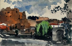 Clisson Francia Paesaggio di città fluviale con ponte Château Acquerello