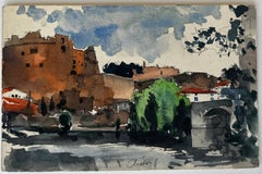 Clisson France River Town Landscape with Château Bridge Watercolor