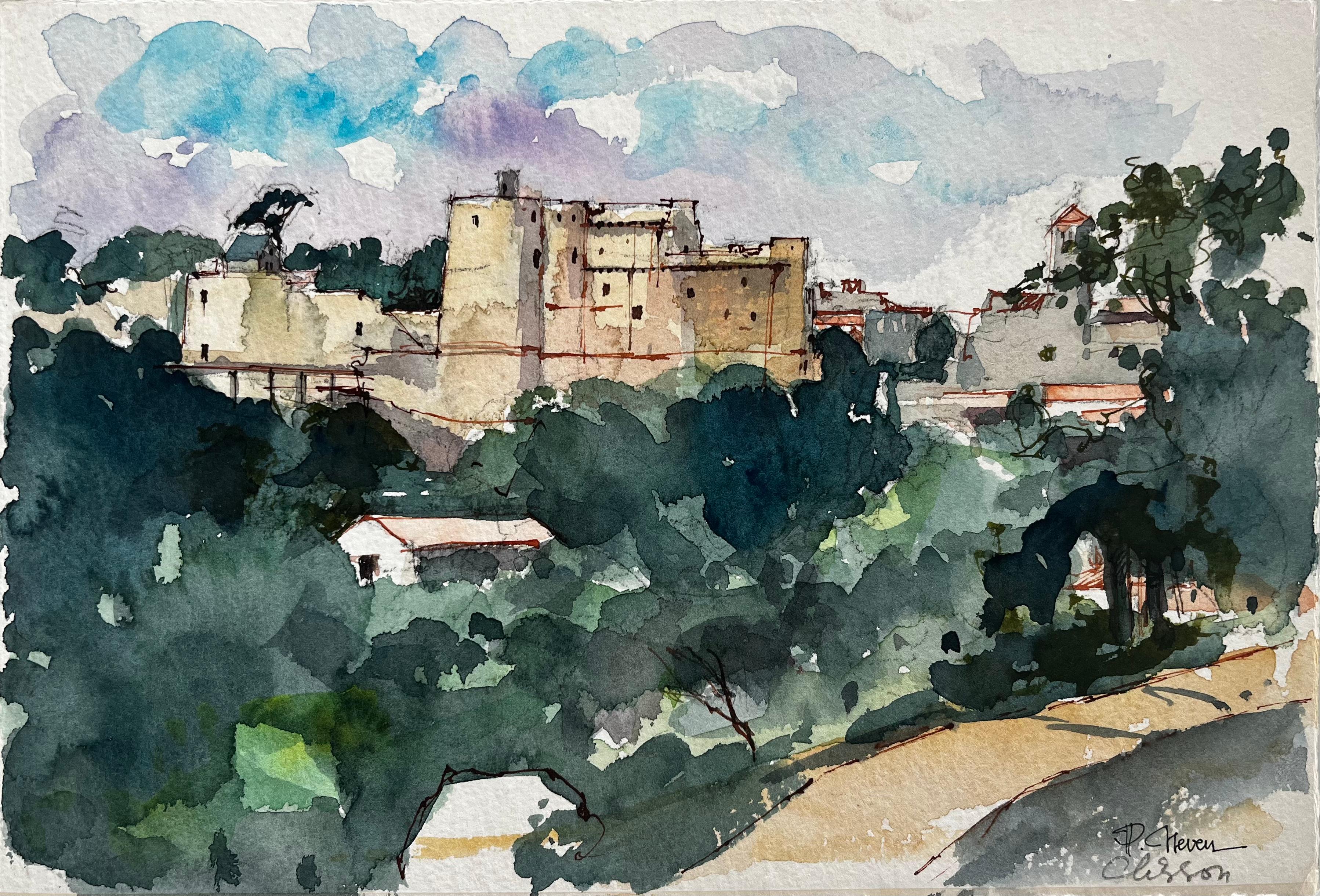 Chateau de Clisson Valle della Loira Fortezza Paesaggio Acquerello Francese