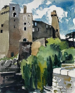 Chateau de Clisson, torri della fortezza e collina, acquerello francese