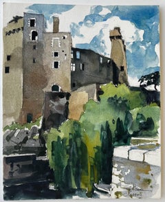 Chateau de Clisson Fortress Towers and Hillside French Watercolor