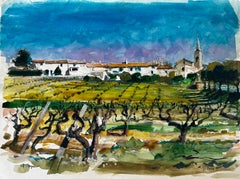 Pierre Neveu - Villars Vineyard Landscape with Church French Watercolor Villars Vineyard Landscape with Church French Watercolor