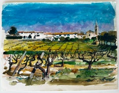 Villars Vineyard Landscape with Church French Watercolor