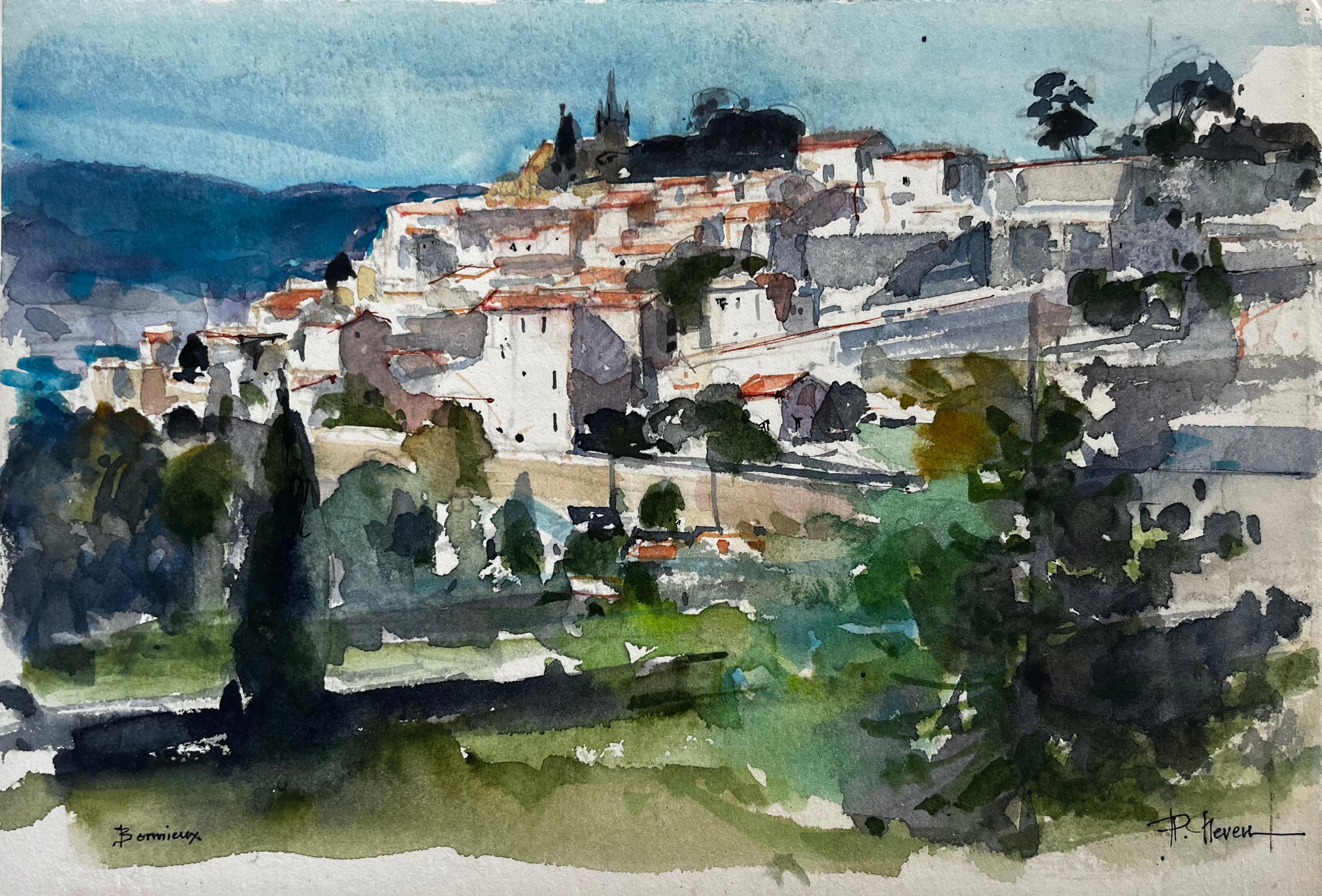 Bonnieux Provence Hill Townes Paesaggio Acquerello Francese Moderno Pierre Neveu