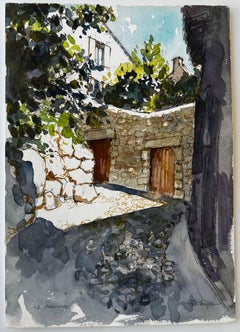 La Beaume Provence Village Courtyard Acuarela Francés Moderno Pierre Neveu