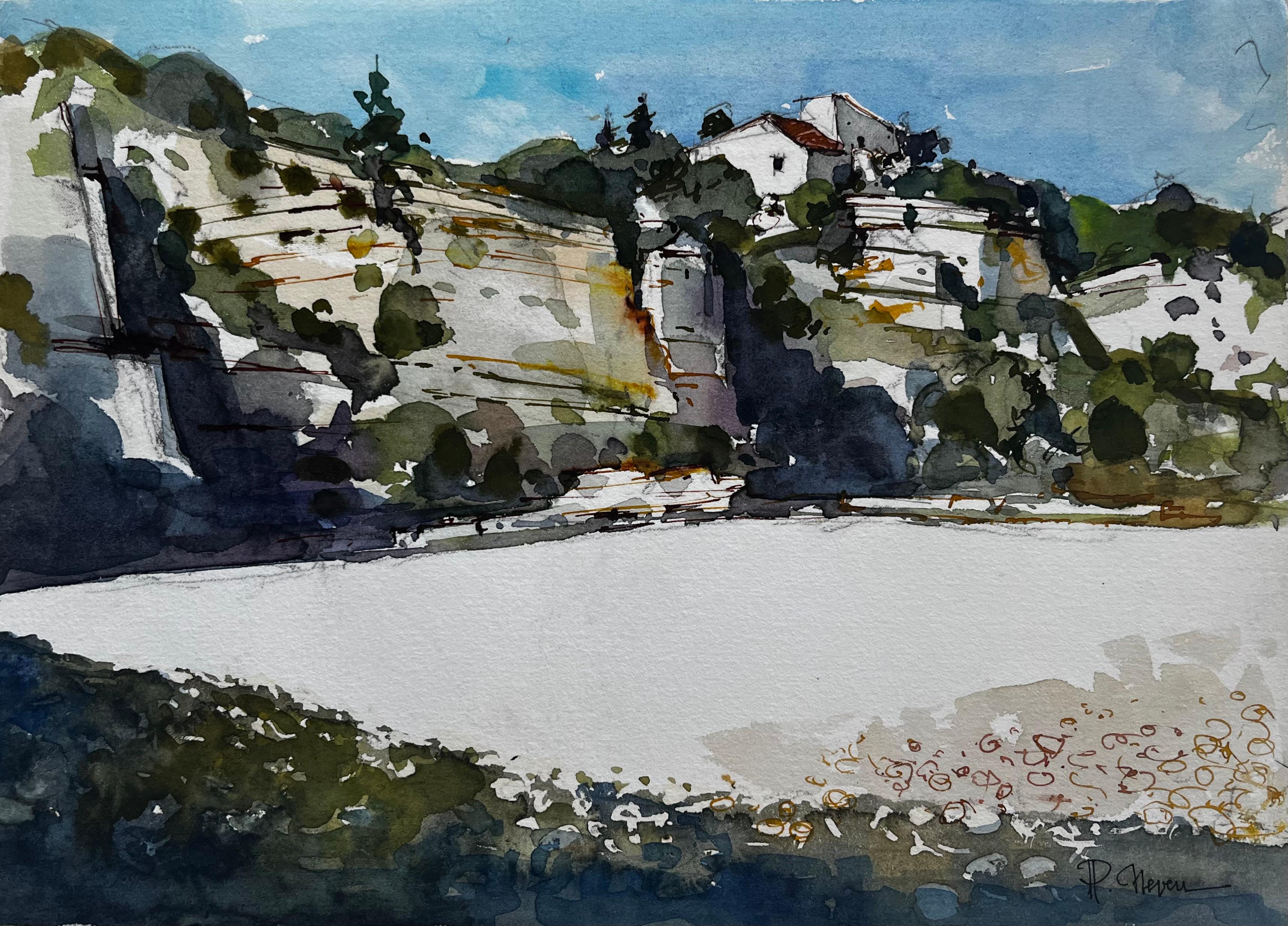 La Beaume Provence Paesaggio collinare Acquerello Francese Moderno Pierre Neveu