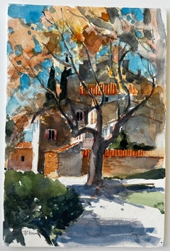 Provence Village with Tree Watercolor French Modern Landscape Pierre Neveu