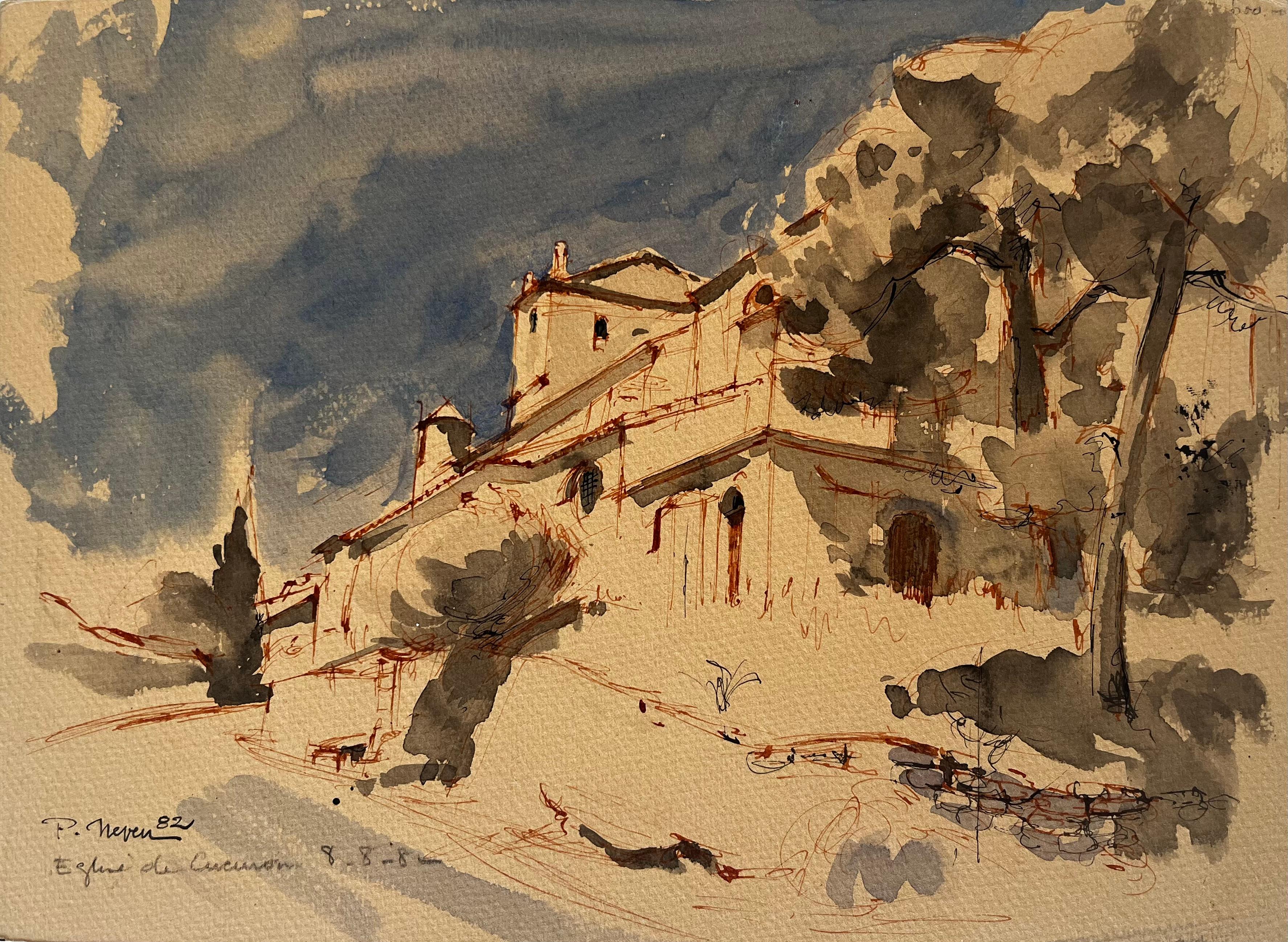 Eglise de Cucuron Provence Church Landscape Watercolor French Modern Scene