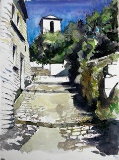 Provence Hill Village Steps with Chapel Watercolor French Modern Pierre Neveu
