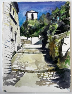 Provence Hill Village Steps with Chapel Watercolor French Modern Pierre Neveu