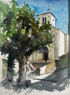 Provence Church with Tree Landscape Watercolor French Modern Pierre Neveu