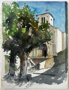 Provence Church with Tree Landscape Watercolor French Modern Pierre Neveu