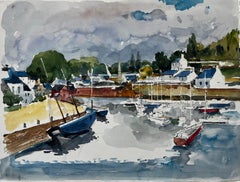 French Harbour with Boats Watercolor River Port French Modern Pierre Neveu