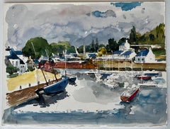 French Harbour with Boats Watercolor River Port French Modern Pierre Neveu
