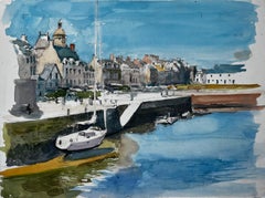 French Harbour Town with Church and Boats Watercolor French Modern Pierre Neveu