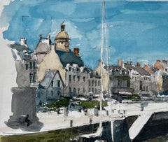 French Harbour Town with Church and Boats Watercolor French Modern Pierre Neveu
