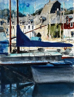 French Marina with Sailboats Watercolor Harbour Scene French Modern Pierre Neveu