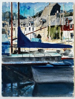 French Marina with Sailboats Watercolor Harbour Scene French Modern Pierre Neveu