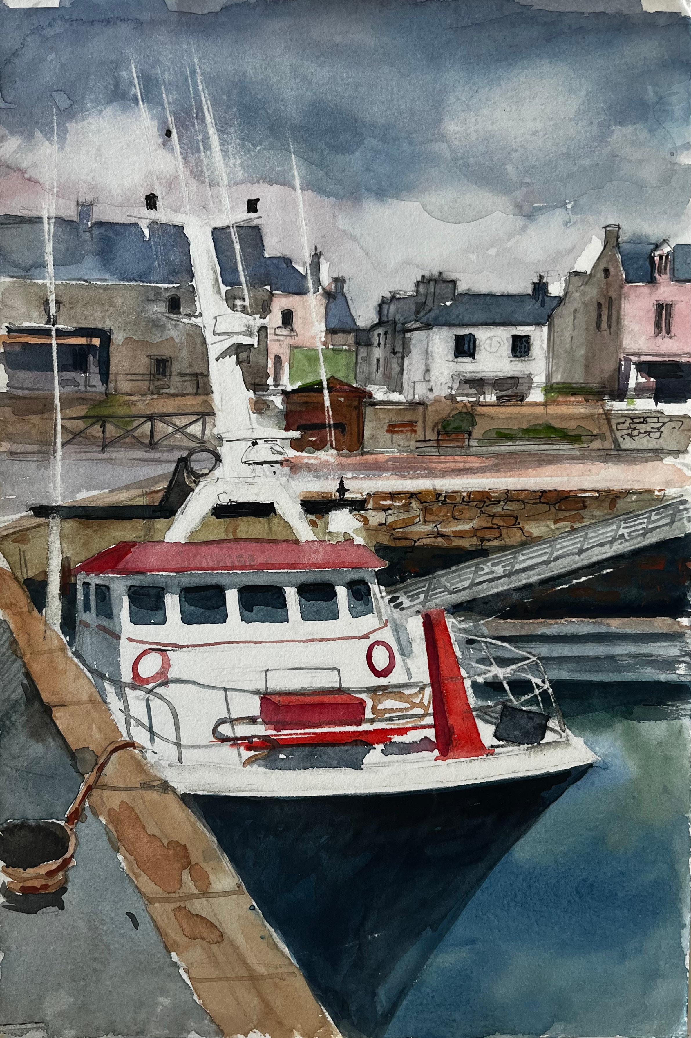 Titel: Französischer Hafen mit vertäutem Boot und Townes Aquarell Pierre Neveu
Künstler: Pierre Neveu (Franzose, geb. 1929)
Medium: Aquarell auf Papier, ungerahmt
Größe (H x B): 16,5 x 11 Zoll
Zustand: Guter Gesamtzustand. Leichte Handhabungsspuren