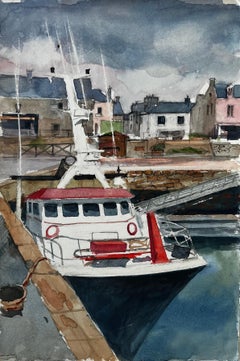 French Harbour with Moored Boat and Town Buildings Watercolor Pierre Neveu