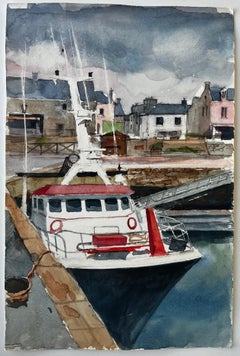 French Harbour with Moored Boat and Town Buildings Watercolor Pierre Neveu