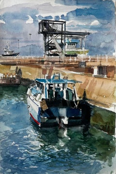 French Industrial Harbour with Fishing Boat Watercolor French Modern Scene