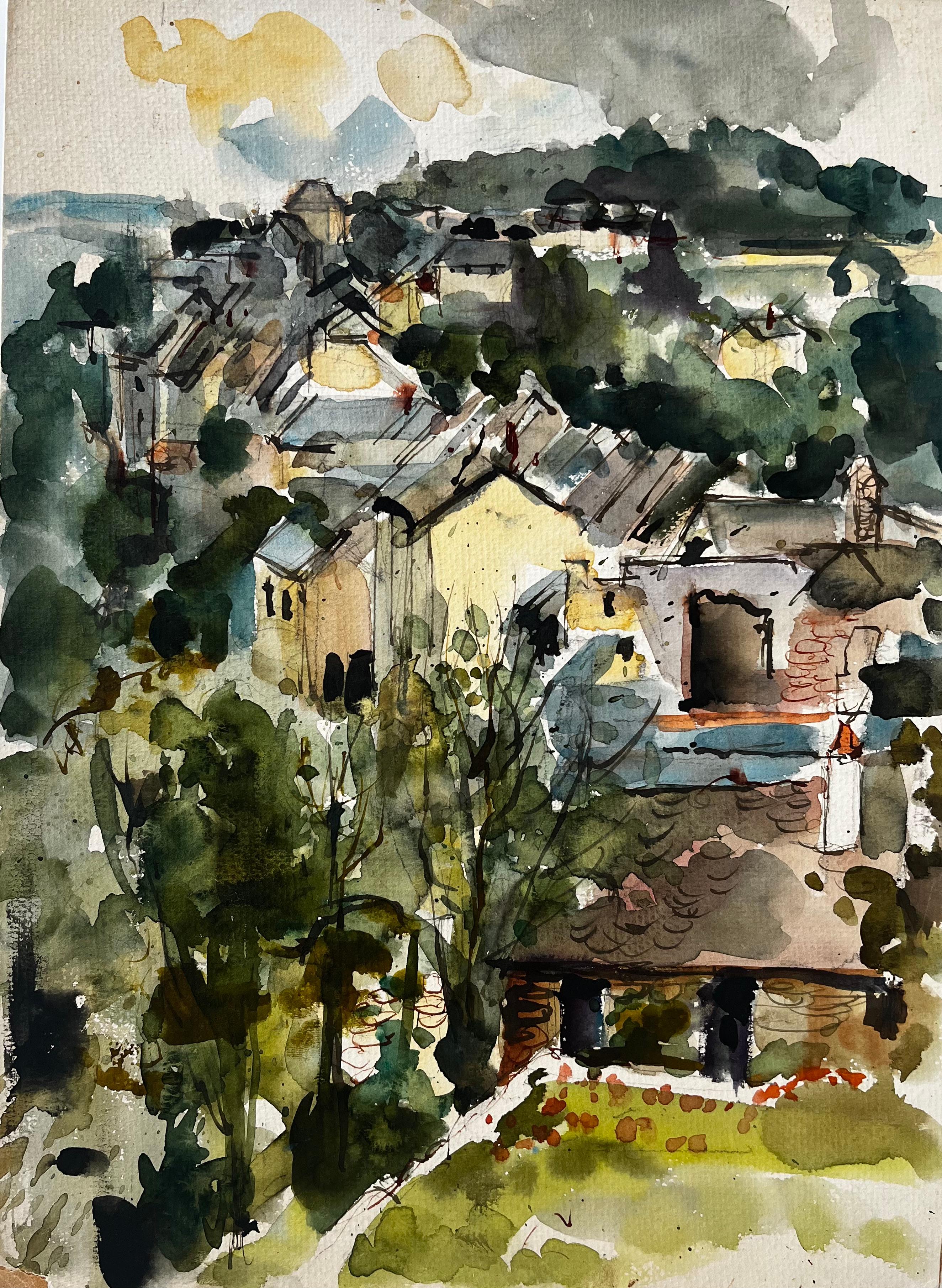 Tetti e alberi di un villaggio francese Paesaggio acquerellato Pierre Neveu