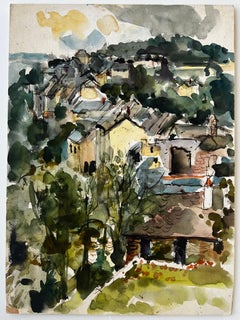 French Village Rooftops and Trees Watercolor Landscape Pierre Neveu