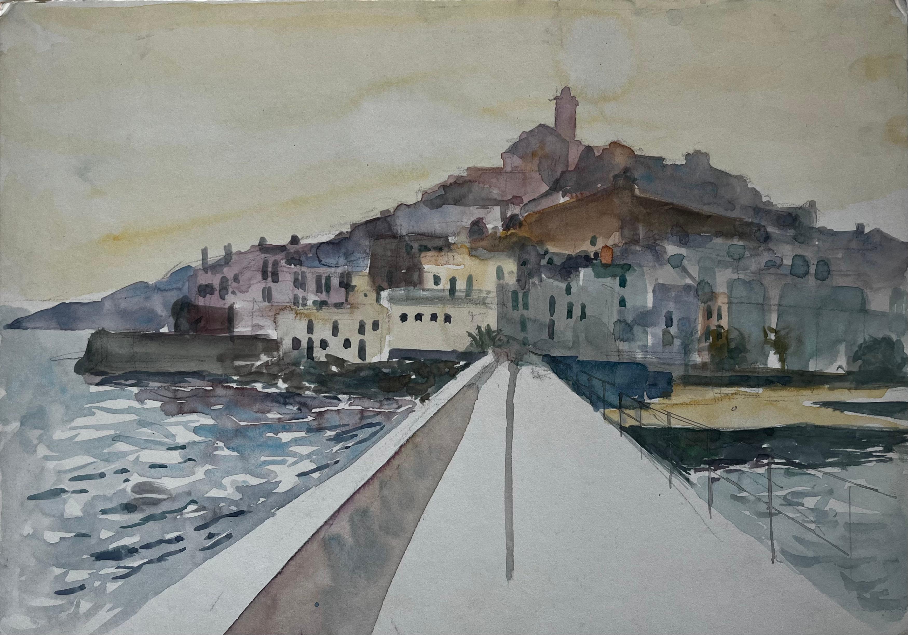 Ciudad costera mediterránea francesa con paseo marítimo Acuarela Pierre Neveu