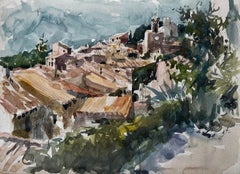 Französisches Mittelmeer Townes mit Dächern Aquarell Pierre Neveu